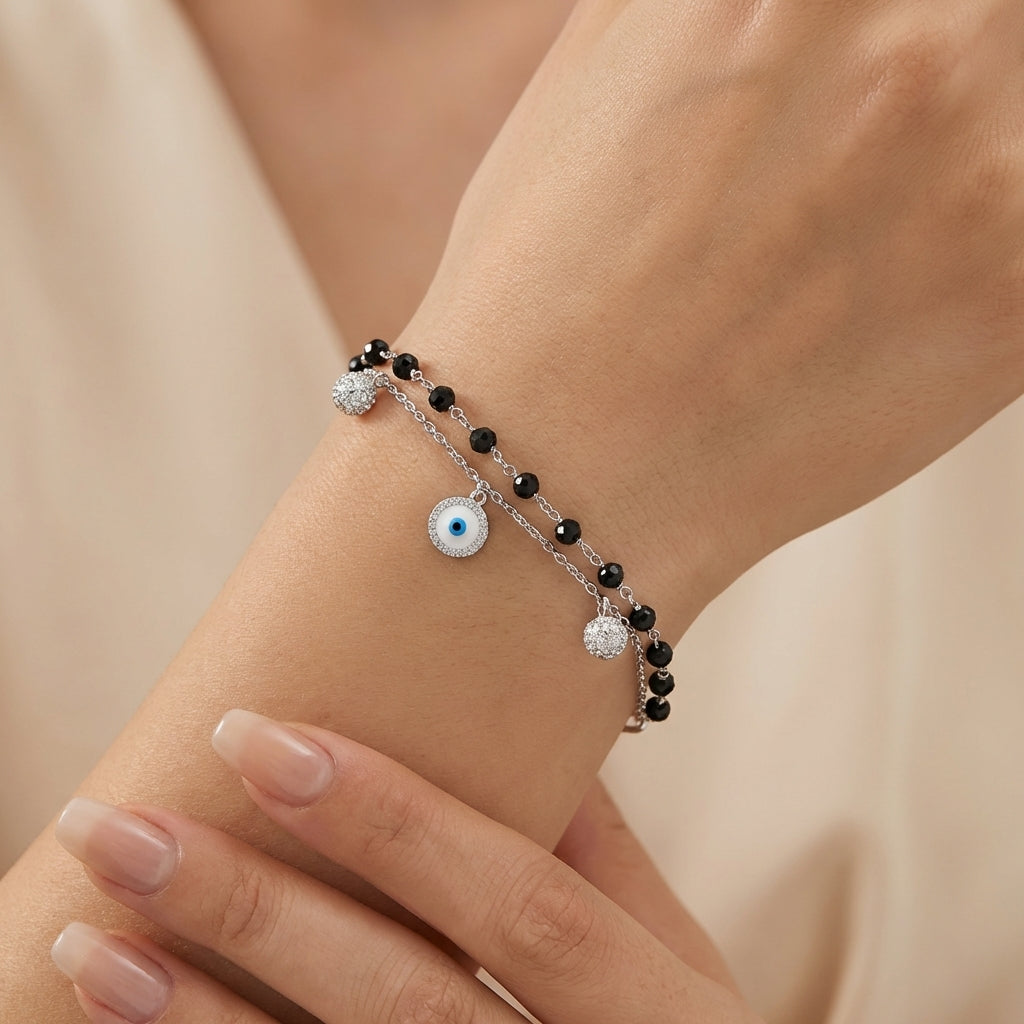 925 Silver Evil Eye Charm Bracelet with Black Beads