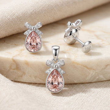 Elegant Silver & Pink Crystal Pendant & Earring Set-1076-3-9