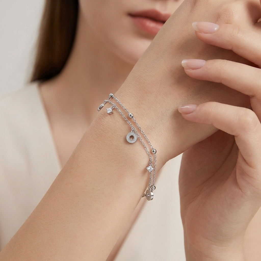 925 Silver Dainty Layered Charm Bracelet