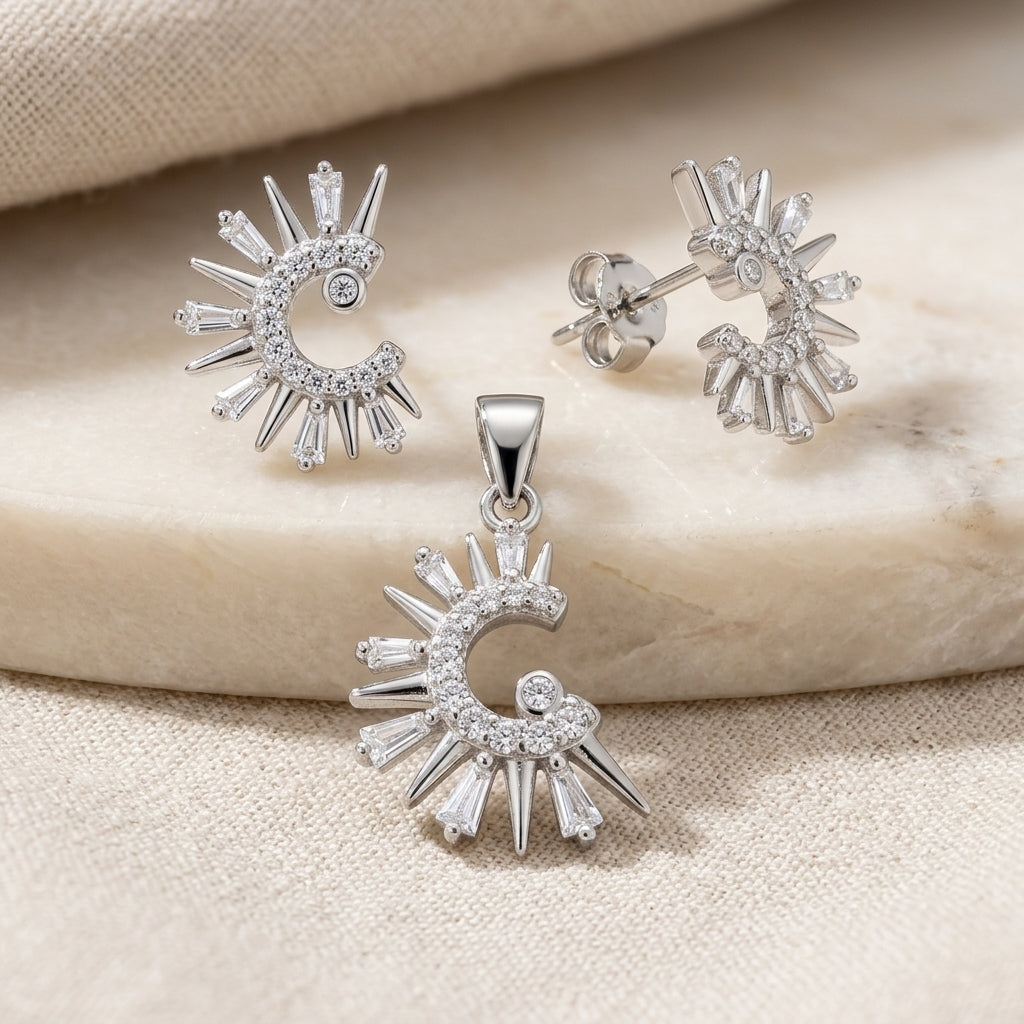 Sparkling 925 Silver Crescent Pendant & Earrings Set-1108-3-6