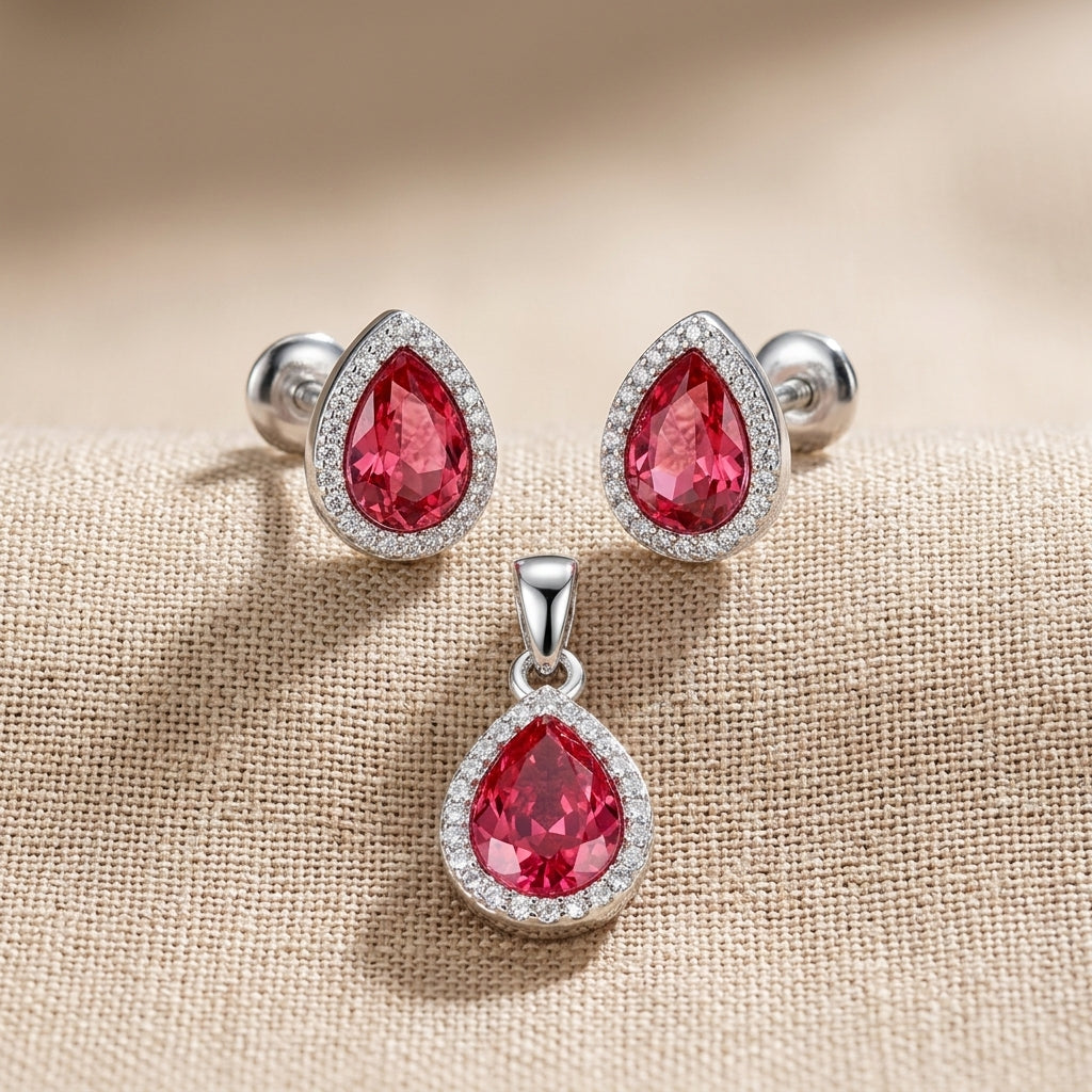 925 Silver Pink Crystal Teardrop Pendant & Earring Set-1080-4-4