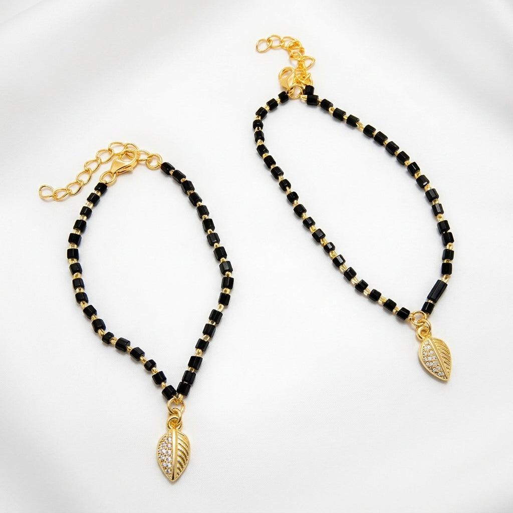 Real Silver Baby Anklets - Black Beads & Leaf Charm-1051-3-8