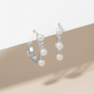 Dainty Pearl & Silver Hoop Earrings with CZ-1029-3-9