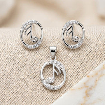 925 Silver Musical Note Pendant & Earring Set-1114-3-3