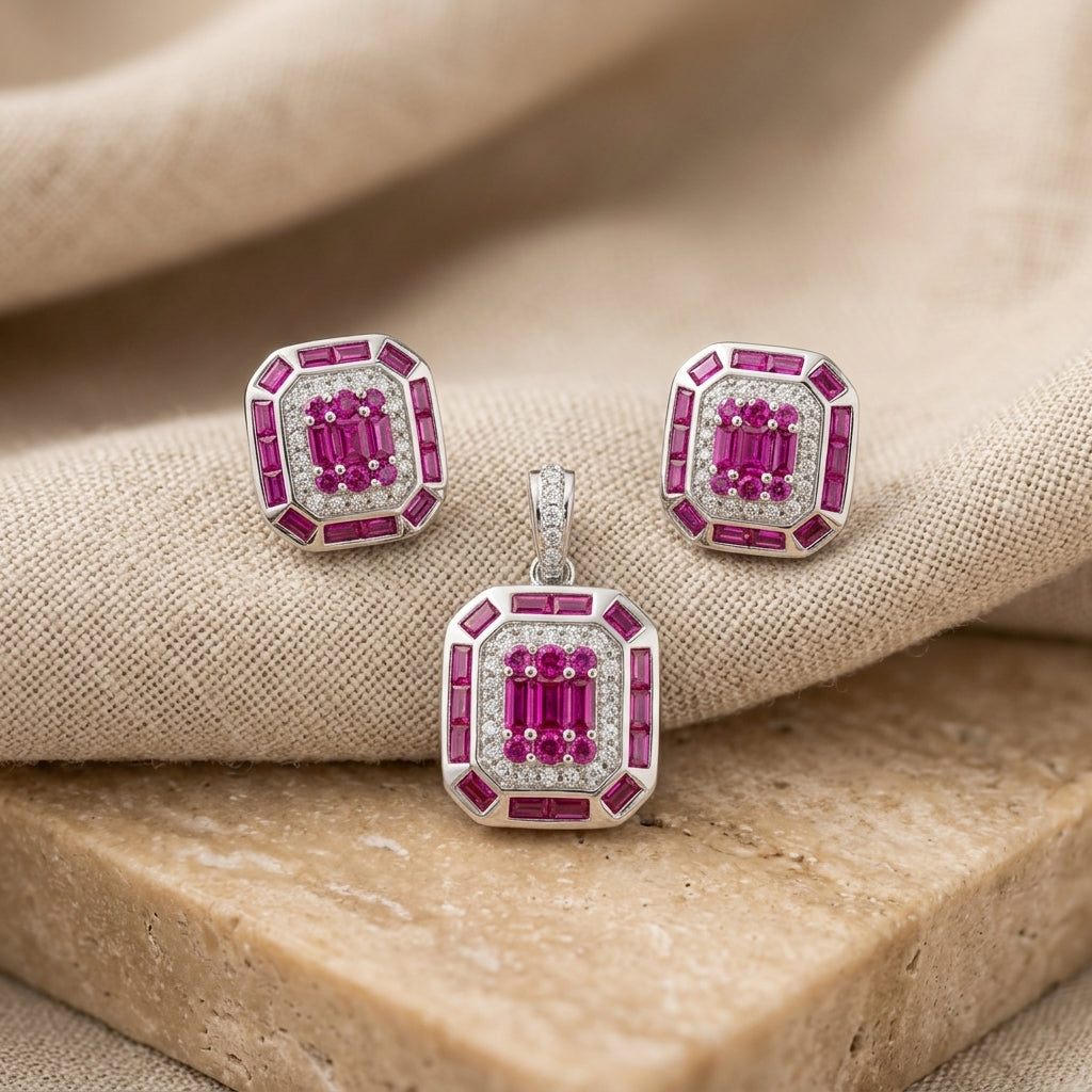 925 Silver Ruby Pink Pendant & Earring Set-1079-4-6