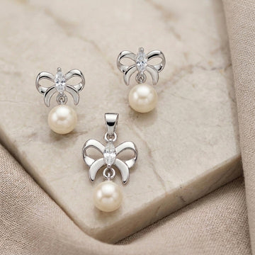 Elegant 925 Silver Bow & Pearl Pendant Earring Set-1072-4-0
