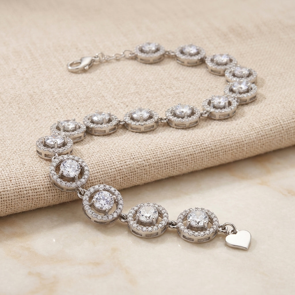 Sparkling 925 Sterling Silver Halo Link Bracelet - Women's-664-15-7