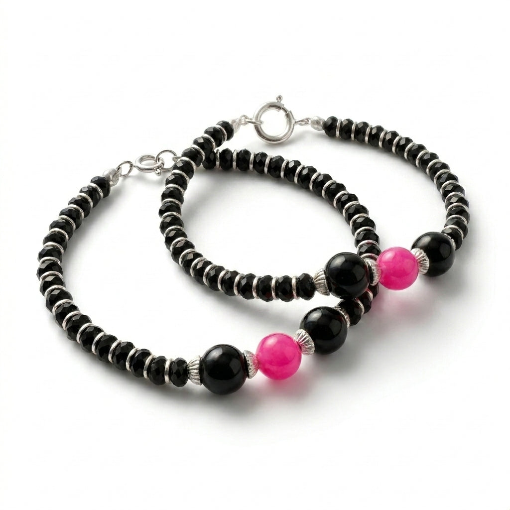 Charming 925 Silver Black Bead Kids Bracelet Pair-1000-0-0