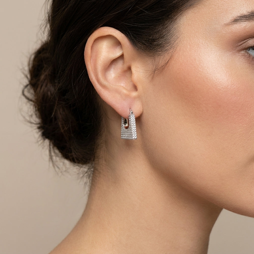Sparkling Pave Square Hoop Earrings - 925 Silver-1020-6-6