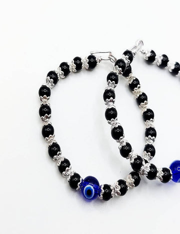 Flower Cup Black Bead With Evil Eye Bracelet - Anklet Pair S925 Silver