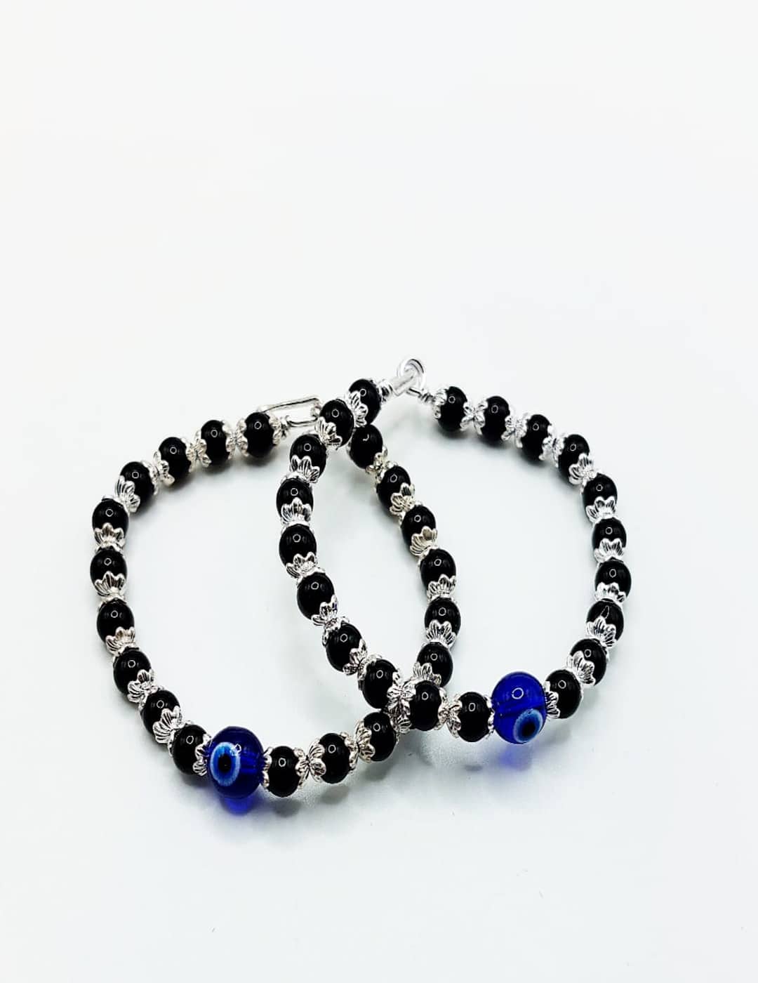 Flower Cup Black Bead With Evil Eye Bracelet - Anklet Pair S925 Silver