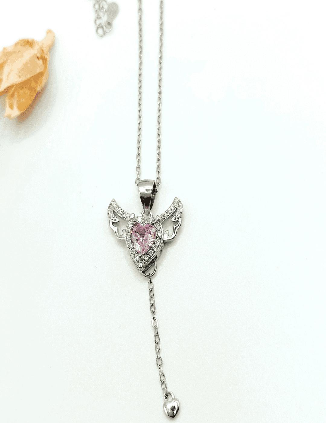 Flying Heart Pink With Stone Wings S925 Silver Necklace