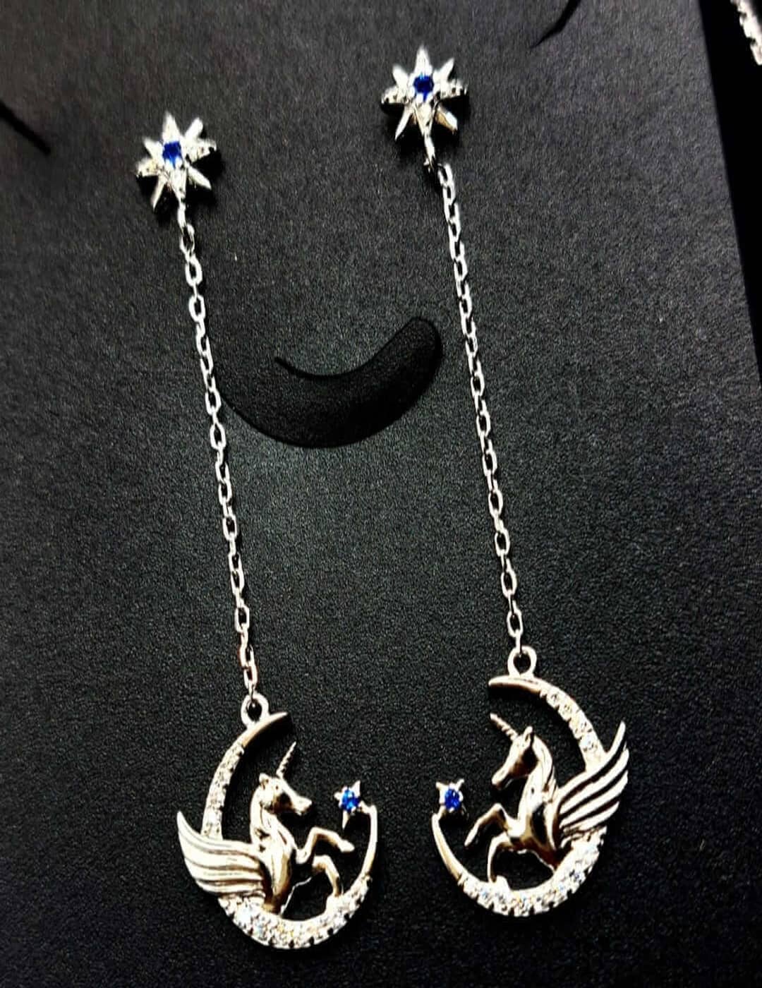 Flying Unicorn On Moon And Star S925 Silver Necklace Set