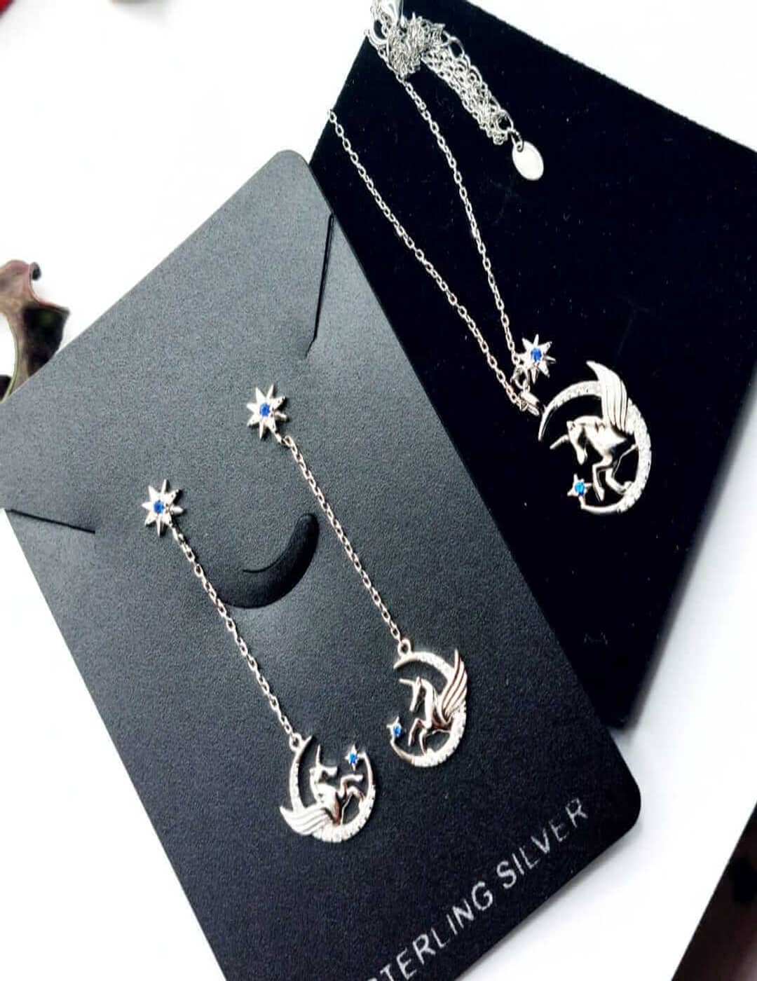 Flying Unicorn On Moon And Star S925 Silver Necklace Set