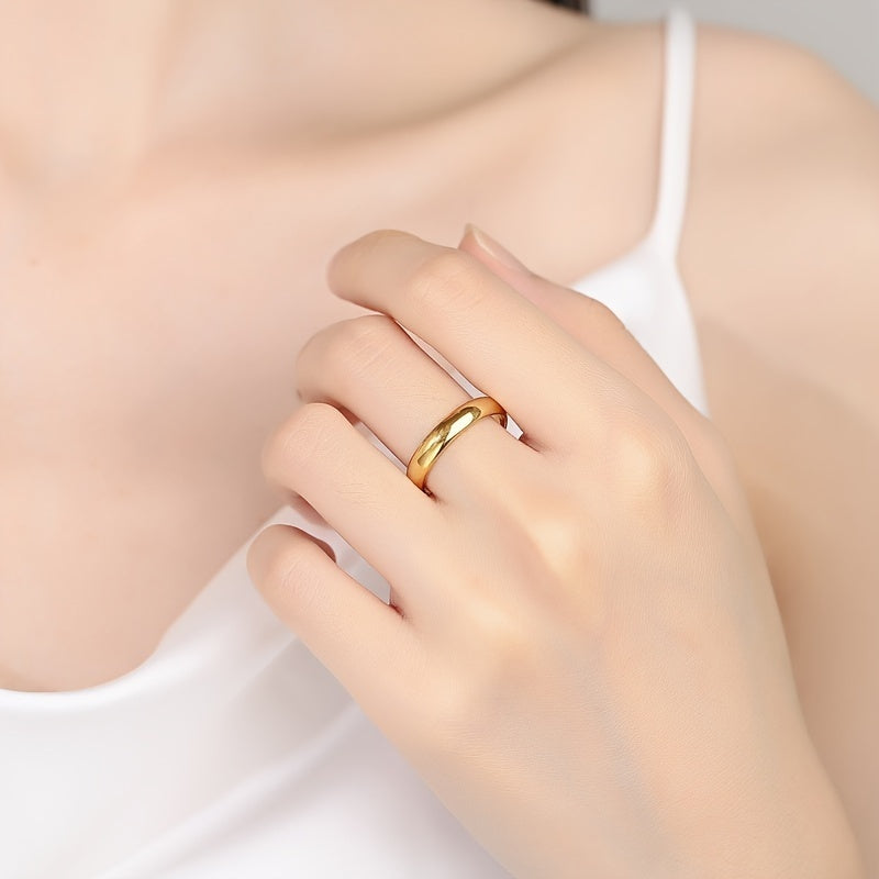 Minimalist polished gold band ring in 18K gold plated stainless steel waterproof and hypoallergenic premium stackable jewelry for teens and women in USA Canada