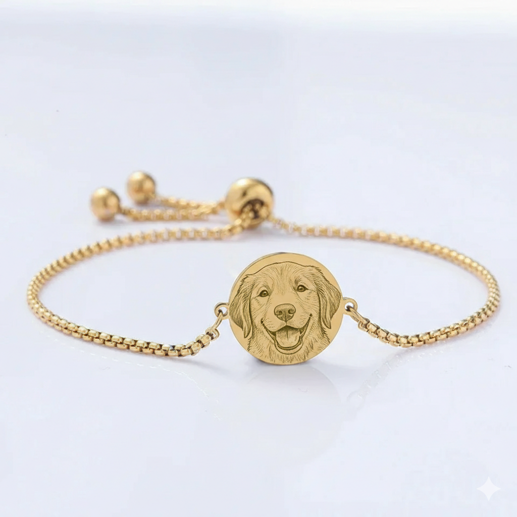 Custom pet photo engraved round charm bolo bracelet in 18K gold plated stainless steel anti-tarnish and hypoallergenic personalized gift