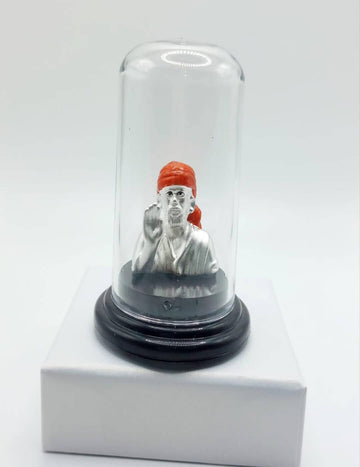 Half Saibaba With Blessing Hand And Orange Turban Silver Glass Idols