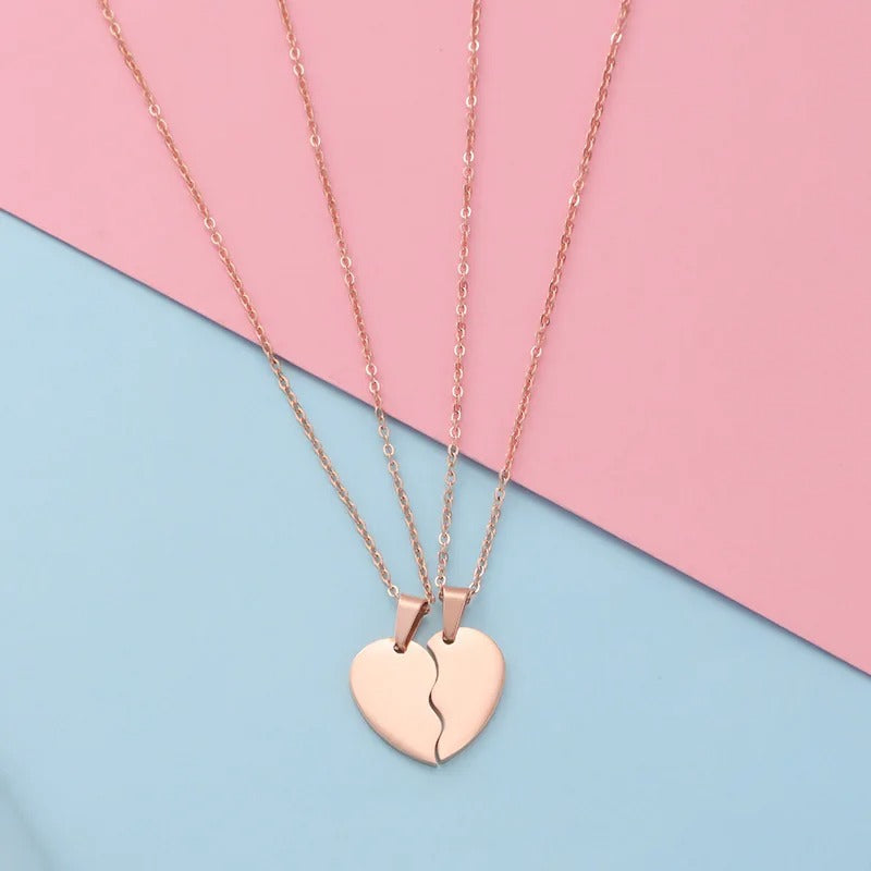 Custom engraved broken heart matching pendants for couples in rose gold plated stainless steel waterproof and hypoallergenic premium gift for new couples and teens in USA Canada