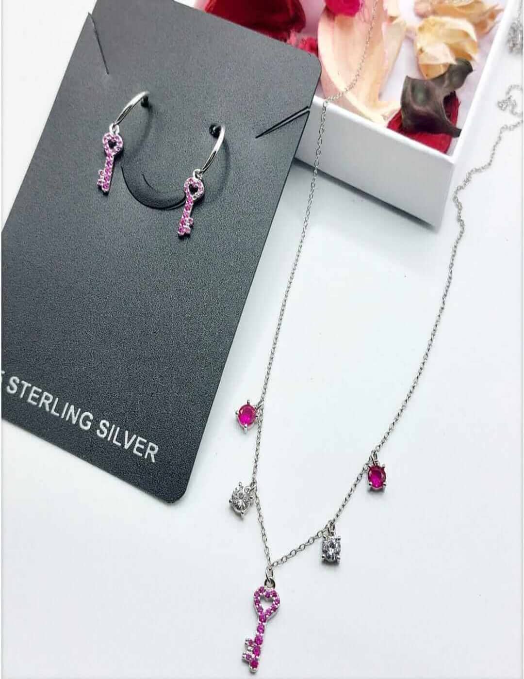 Pink Key Charms S925 Silver Necklace Set