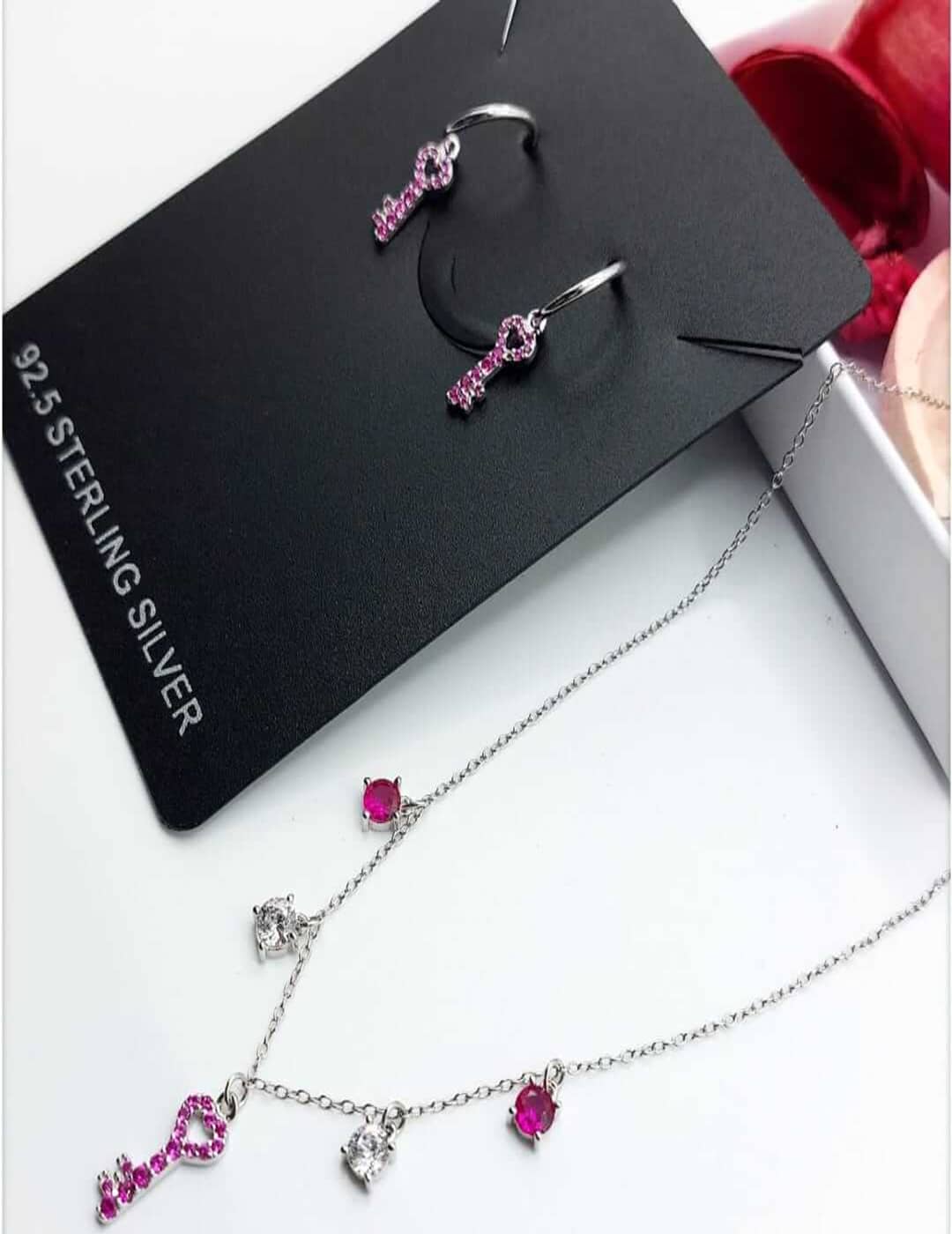 Pink Key Charms S925 Silver Necklace Set