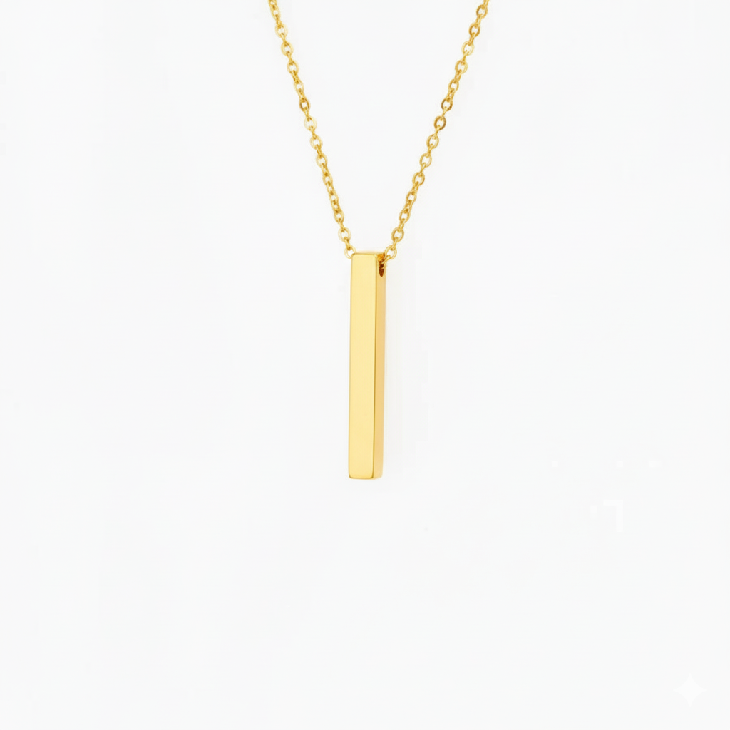 Custom engraved vertical 3D bar necklace in 18K gold plated stainless steel waterproof and hypoallergenic premium personalized gift for teens and couples in USA Canada