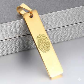 Custom fingerprint engraved vertical bar pendant in 18K gold plated stainless steel waterproof and hypoallergenic premium memorial gift for parents and couples in USA Canada