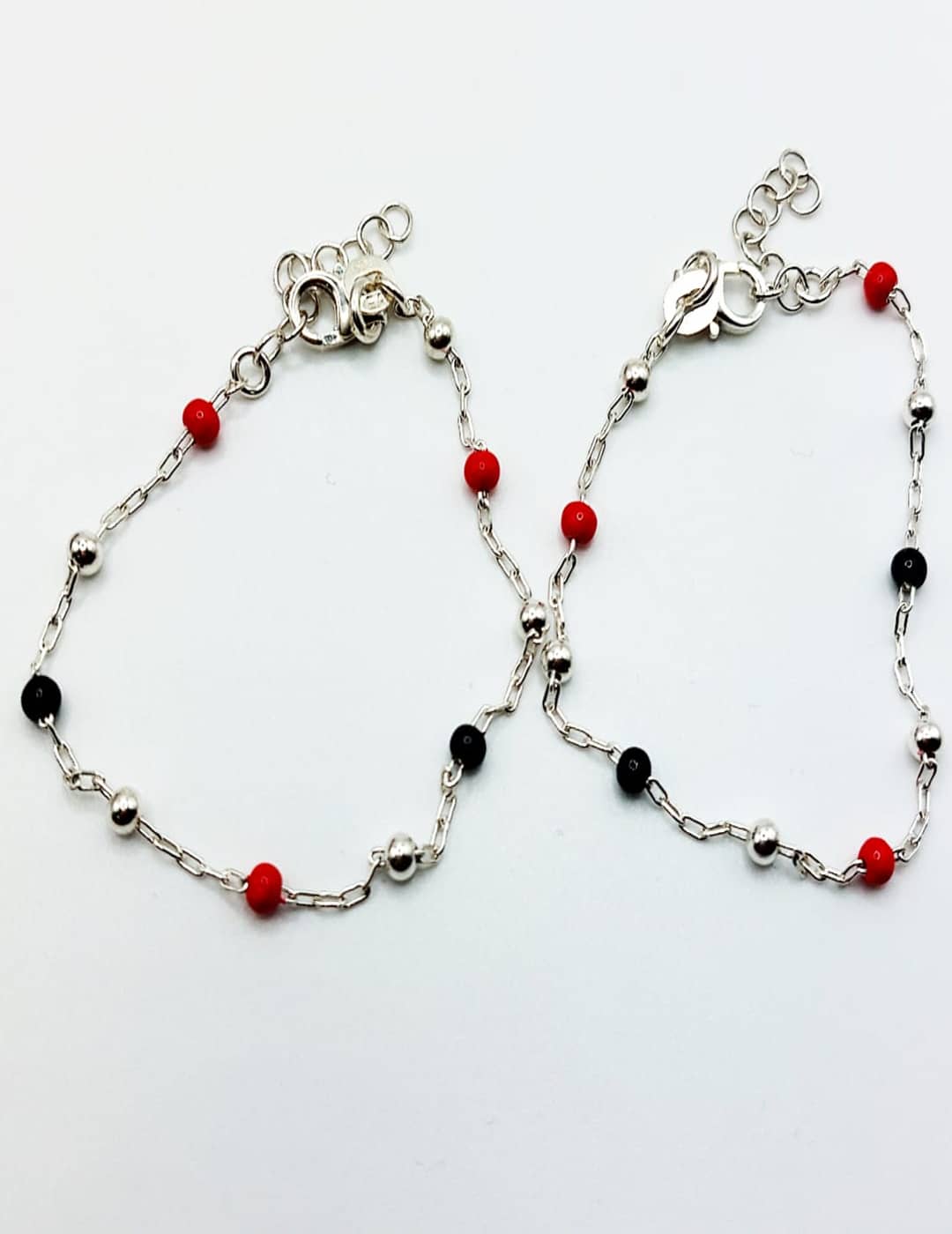 Red And Black Bead Anklet Pair S925 Silver