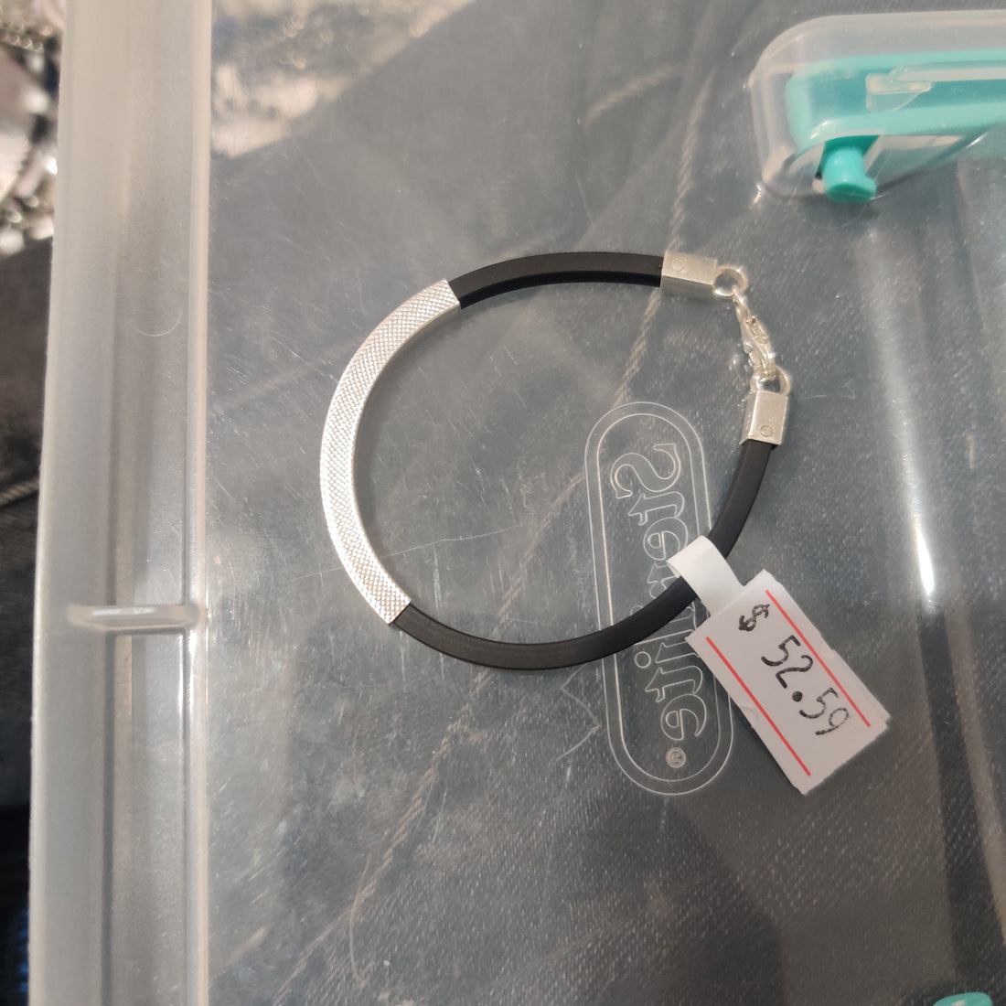 925 Sterling Silver Kids Bracelet with Black Rubber Strap & Textured Bar