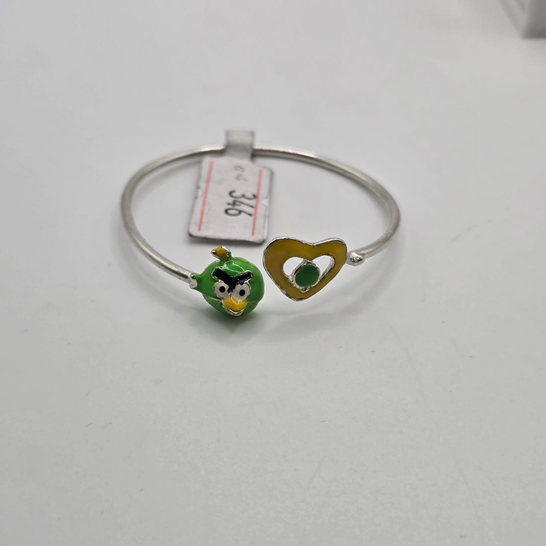 925 Sterling Silver Kids Bangle - Green Bird Angry Bird Character and Heart 