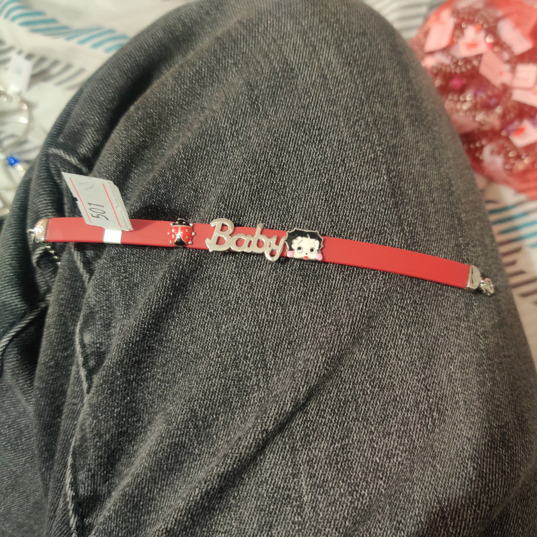 925 Sterling Silver Kids Red Rubber Bracelet - "Baby" Nameplate & Ladybug Charms