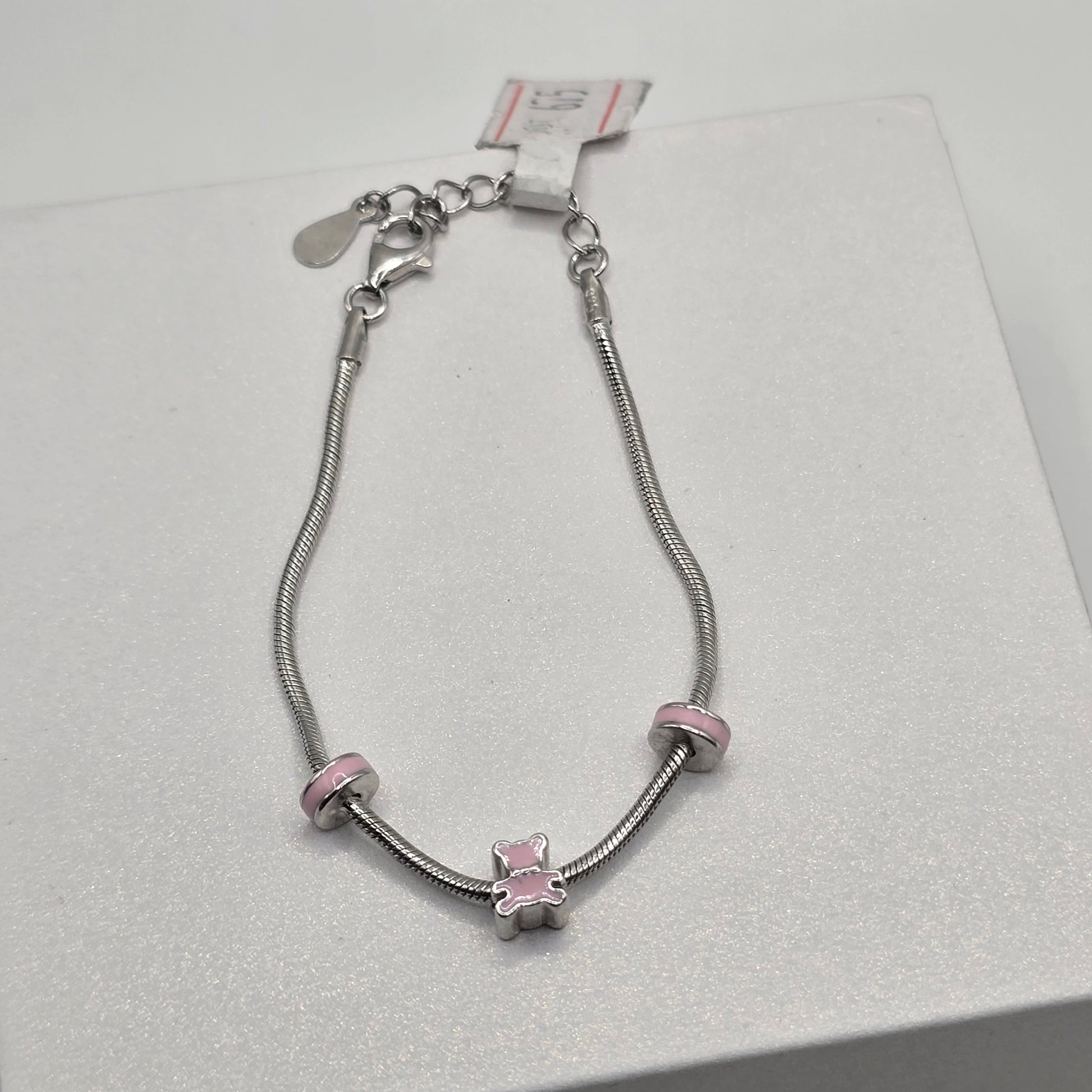 925 Sterling Silver Kids Teddy Bear Bracelet - Pink Enamel Charm Jewelry