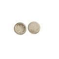 Two silver coins on a metallic surface