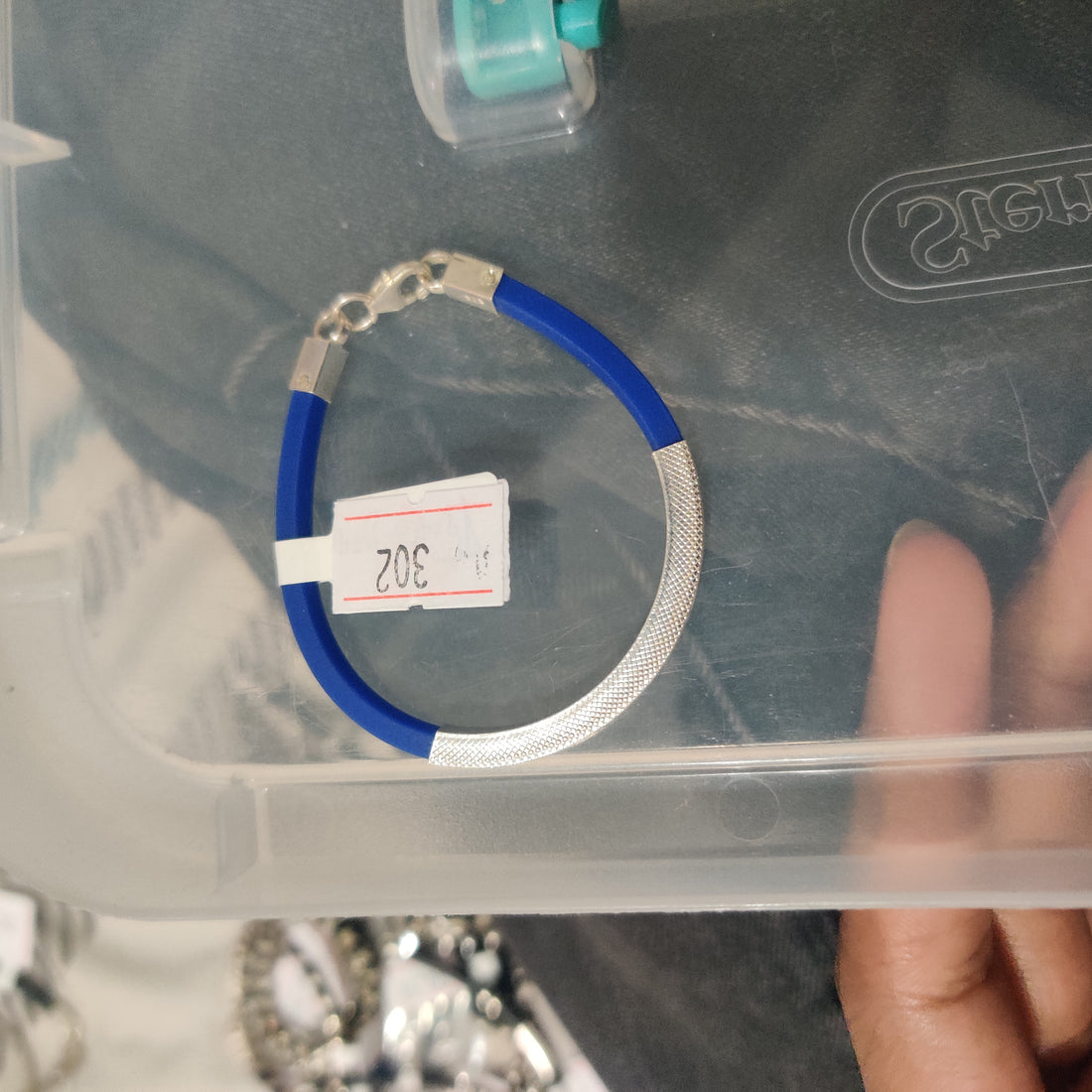 925 Sterling Silver Kids Bracelet with Blue Rubber Strap & Textured Bar