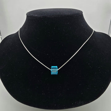 925 silver necklace for women featuring a minimalist vibrant blue cube slide pendant on a fine real silver box chain.