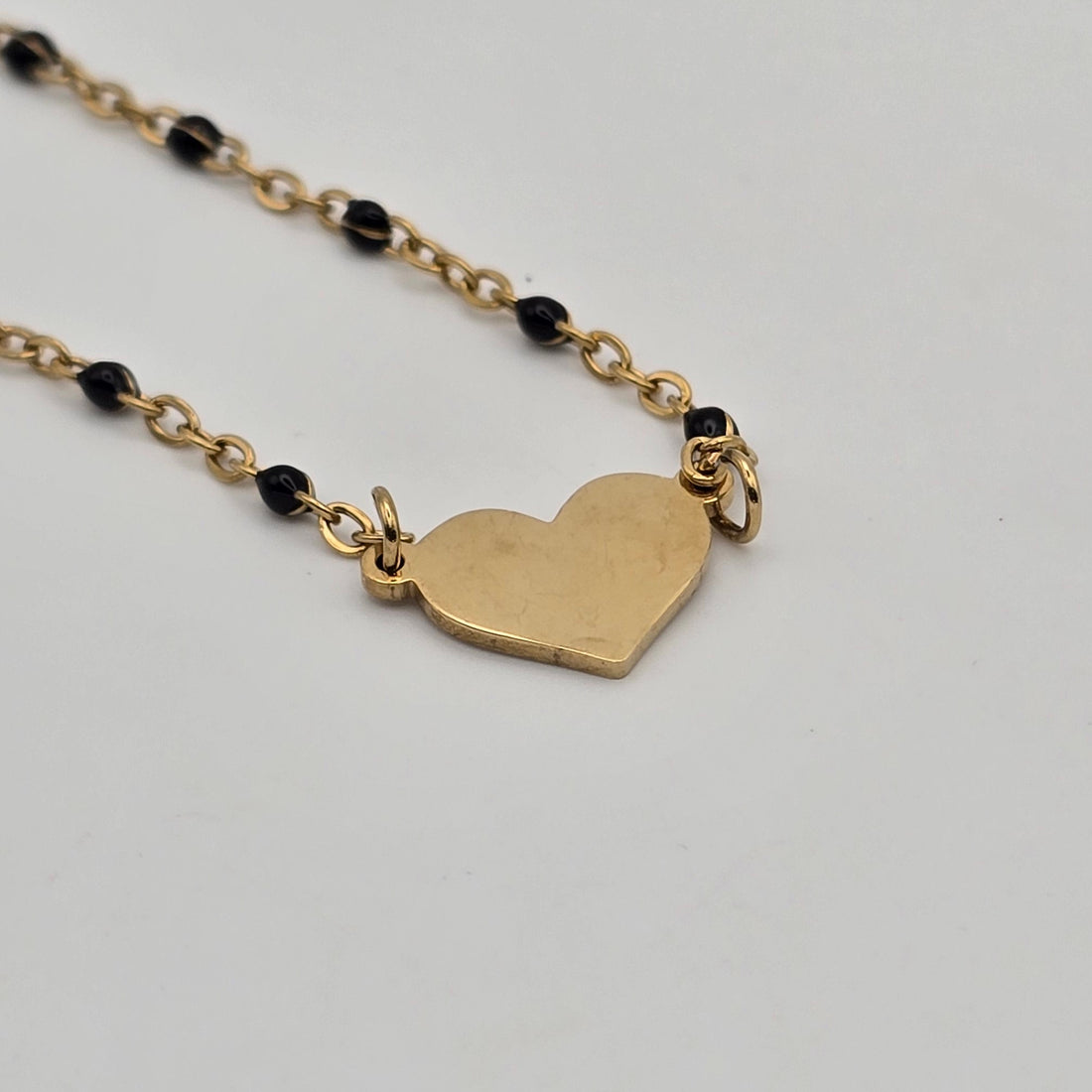Gold Stainless Steel Heart Necklace with Black Enamel Beaded Chain, Custom Engraved Jewelry for Women
