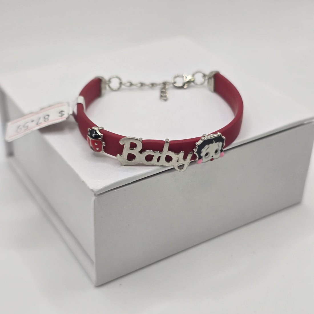 925 Sterling Silver Kids Red Rubber Bracelet - "Baby" Nameplate & Ladybug Charms