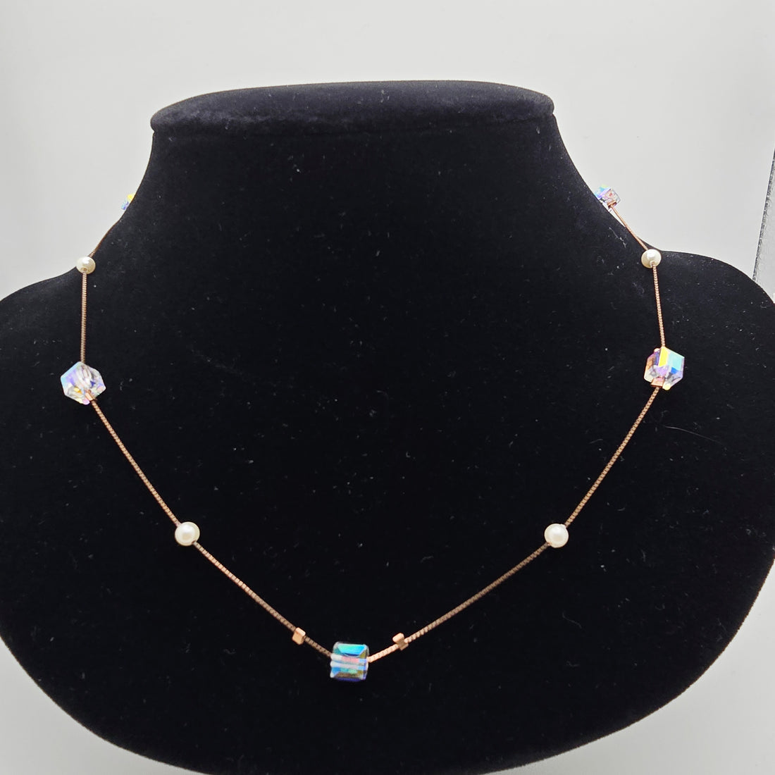 925 silver iridescent crystal and pearl station necklace real silver dainty chain for newlyweds