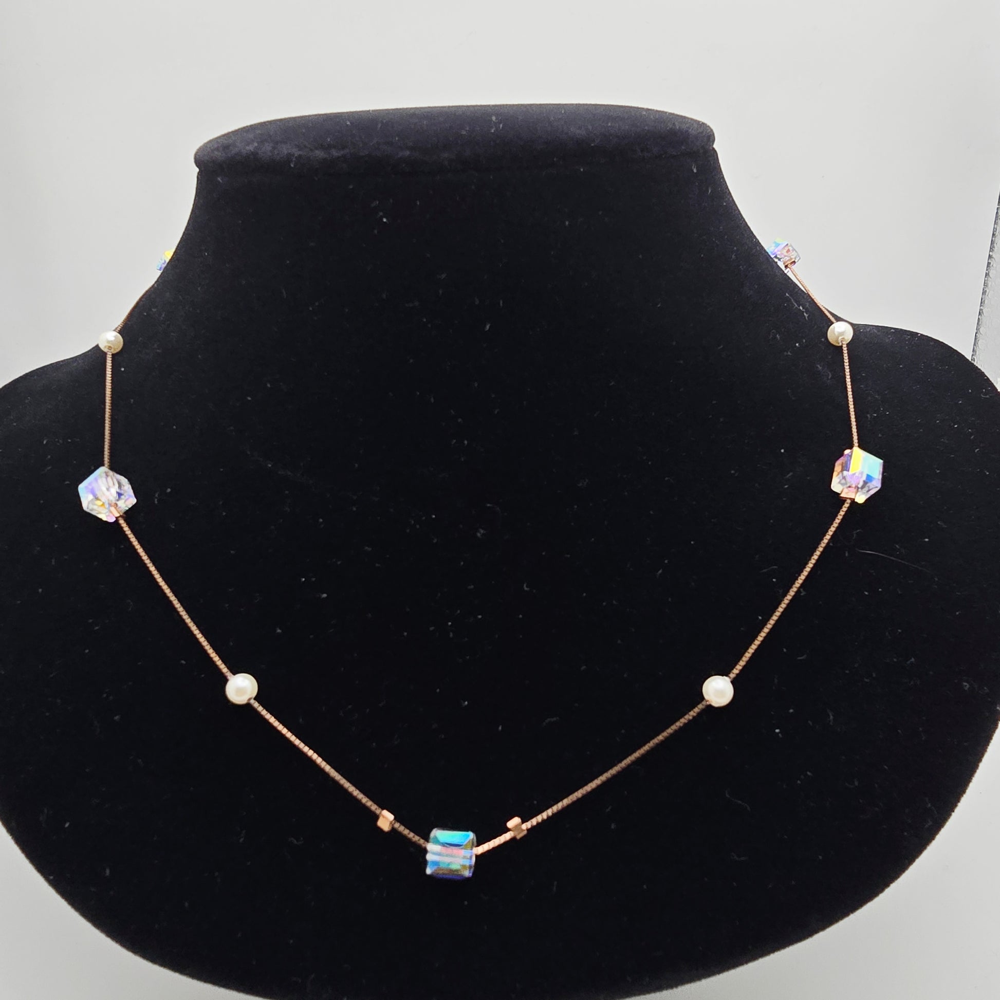 925 silver iridescent crystal and pearl station necklace real silver dainty chain for newlyweds