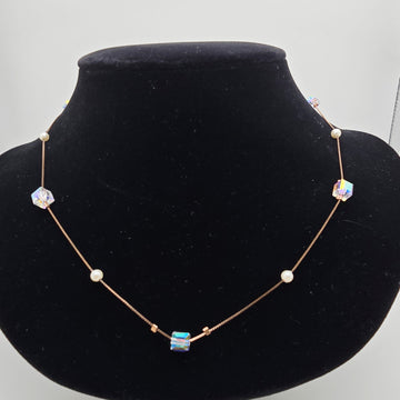 925 silver iridescent crystal and pearl station necklace real silver dainty chain for newlyweds