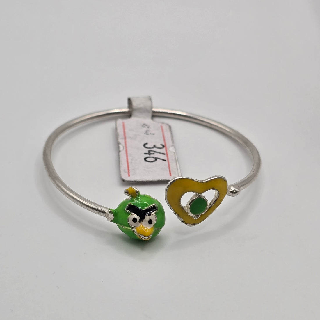 925 Sterling Silver Kids Bangle - Green Bird Angry Bird Character and Heart 