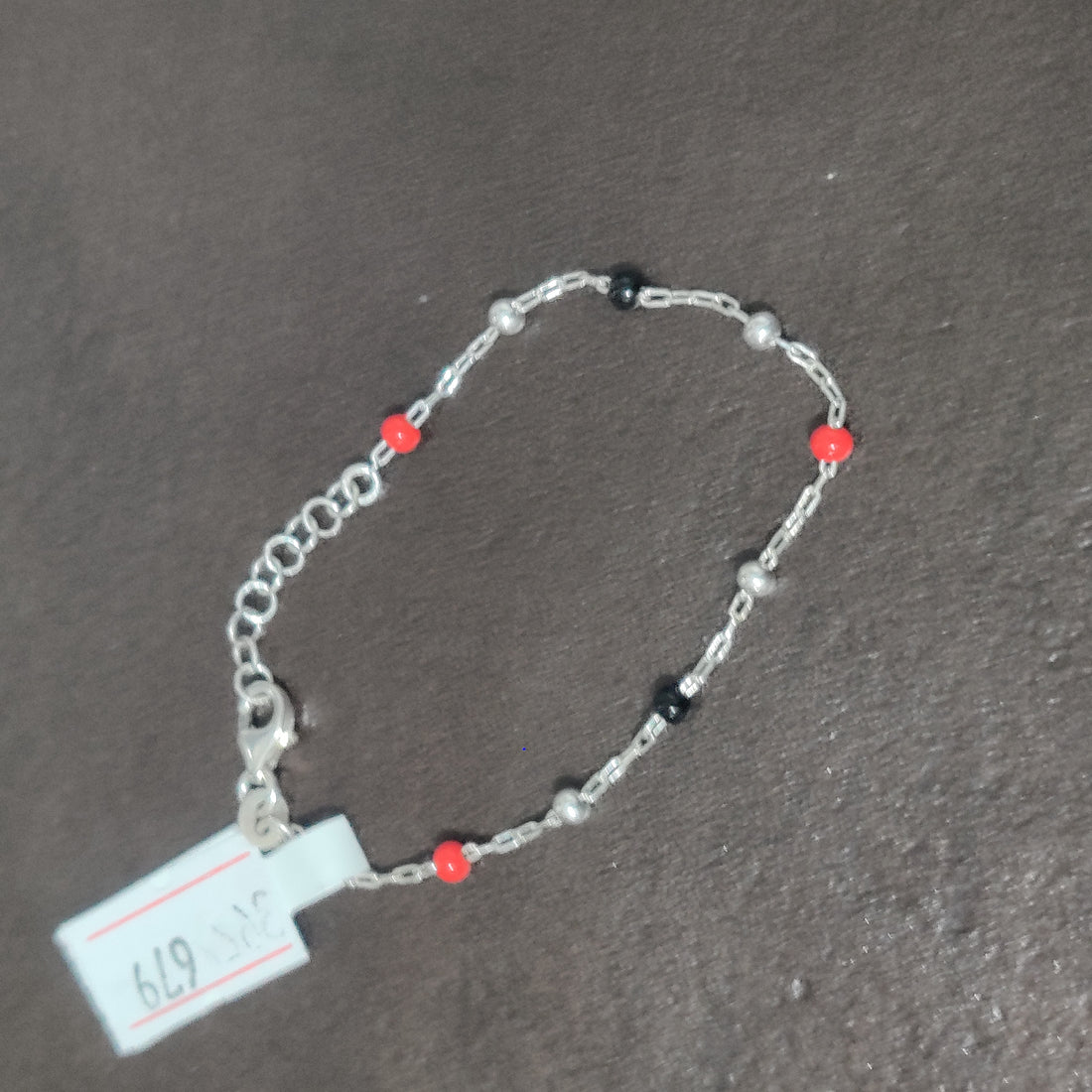 925 Sterling Silver Kids Anklet with Red and Black Beads - Adjustable