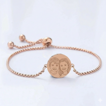 Custom line art and photo engraved round charm bolo bracelet in 18K rose gold plated stainless steel anti-tarnish and hypoallergenic personalized gift