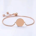 Custom line art and photo engraved round charm bolo bracelet in 18K rose gold plated stainless steel anti-tarnish and hypoallergenic personalized gift