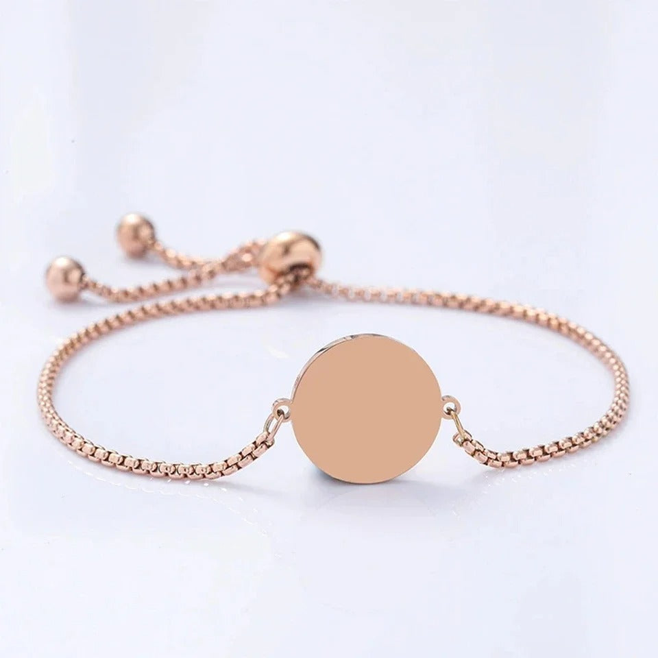 Custom line art and photo engraved round charm bolo bracelet in 18K rose gold plated stainless steel anti-tarnish and hypoallergenic personalized gift