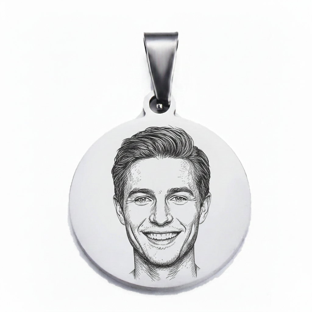 Custom photo engraved round pendant in silver-toned stainless steel waterproof and hypoallergenic premium memorial gift for parents and couples in USA Canada