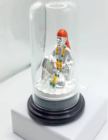 Sai Baba Decorated With Fresh Garland Silver Glass Idols