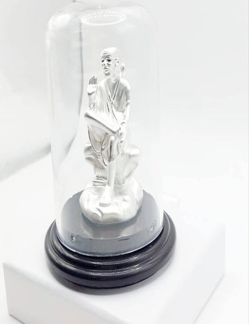 Sai Baba With Blessing Hand On A Stone Single Color Silver Glass Idols