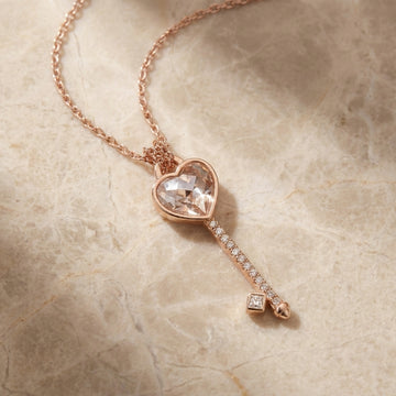 925 Silver Rose Gold Heart Key Necklace - Real Silver Romantic Jewelry 252-56000