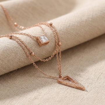 925 Silver Rose Gold Multi-Layered Geometric Necklace - Real Silver Jewelry 361-58000