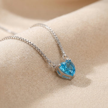 925 silver Blue Crystal Heart Necklace - Real Silver Dainty Love Pendant 129-30000